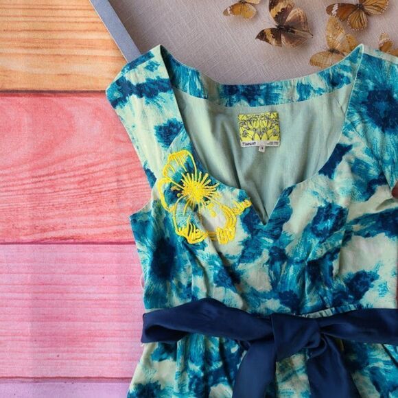 Anthropologie Floreat Blue‎ Floral Beaded Mini Pleated Sheath Dress 4 - Picture 5 of 7